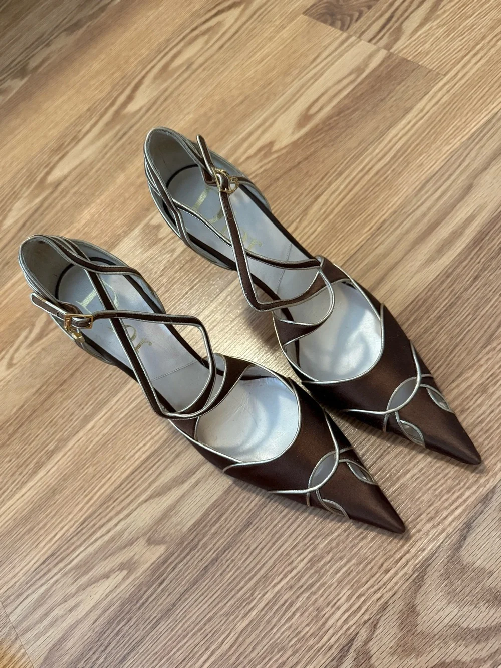 Christian Dior Pointy Toe Brown Satin Heels with faux tortoise heel sz 40